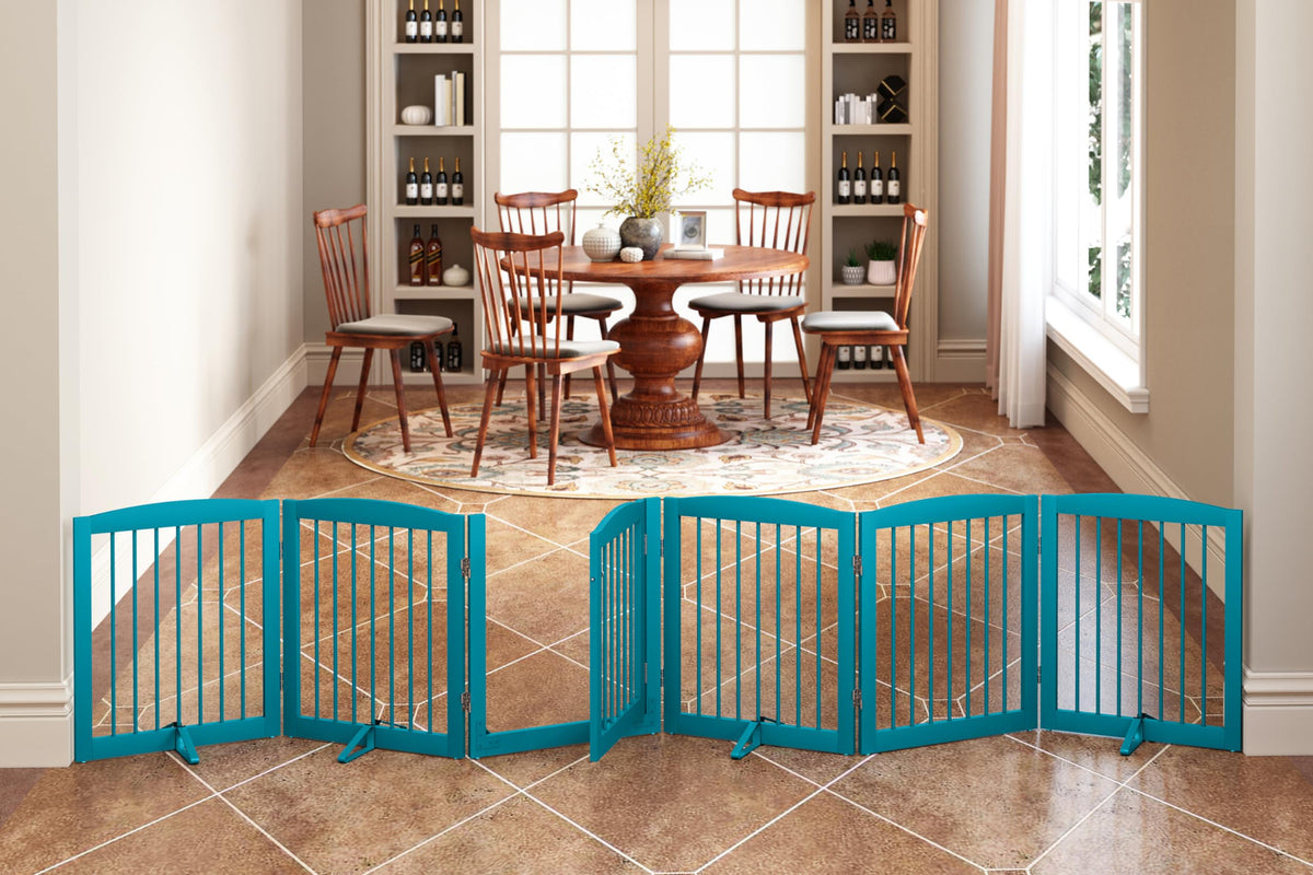 PUPETPO freestanding gate with walk-through door in blue for easy access and containment.