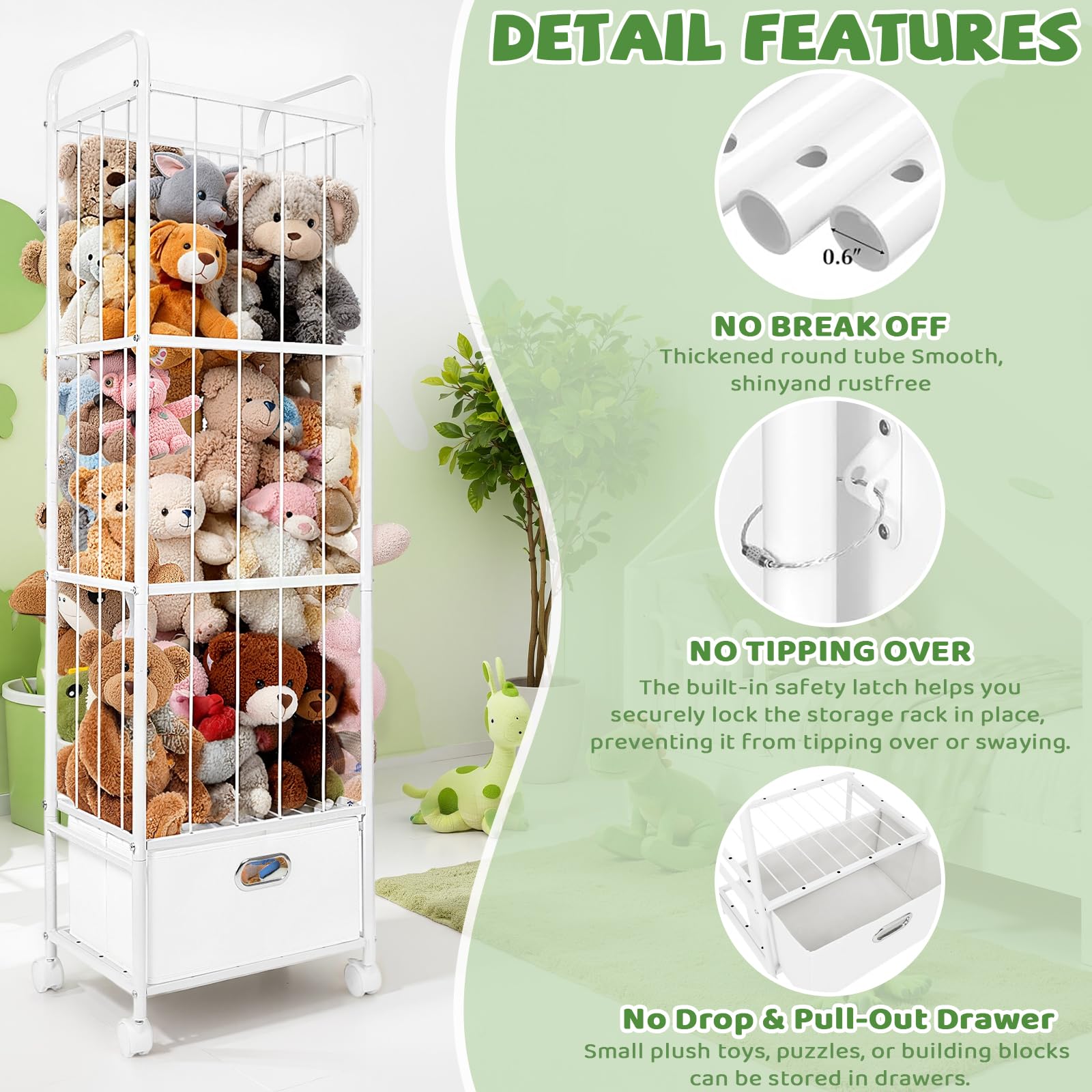 Puppiluv 63x18x13-inch toy storage tower fits a nursery corner