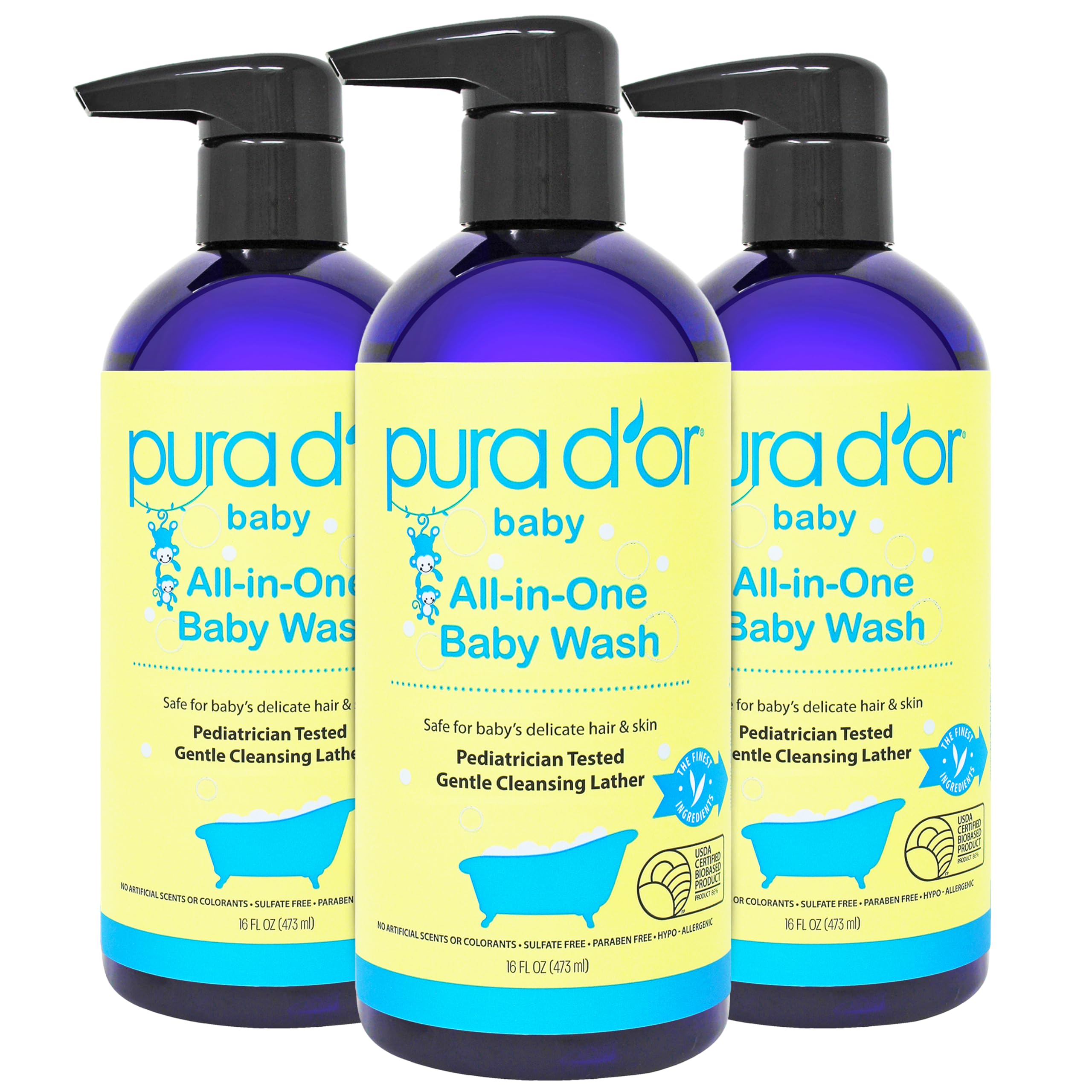 PURA D'OR All-in-One Baby Wash bottle front demonstrates a tear-free, gentle clean for baby skin.