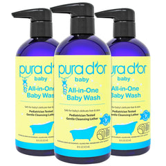 PURA D'OR All-in-One Baby Wash bottle front demonstrates a tear-free, gentle clean for baby skin.