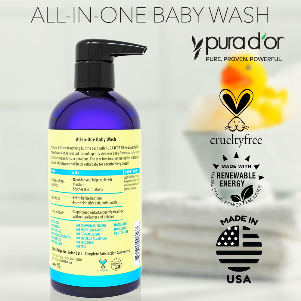 PURA D'OR All-in-One Baby Wash after-bath calmness scene suggests a soothing bedtime routine.