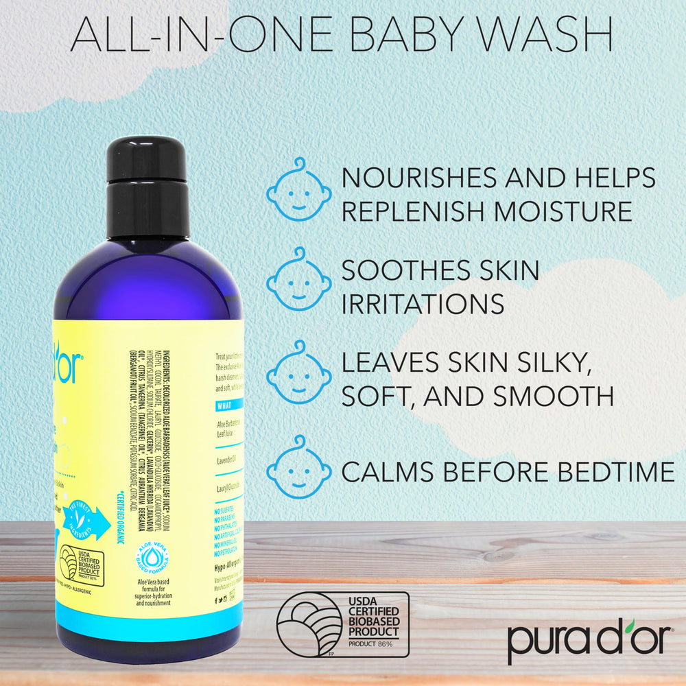 PURA D'OR All-in-One Baby Wash lather closeup highlights mild cleansing for sensitive skin.
