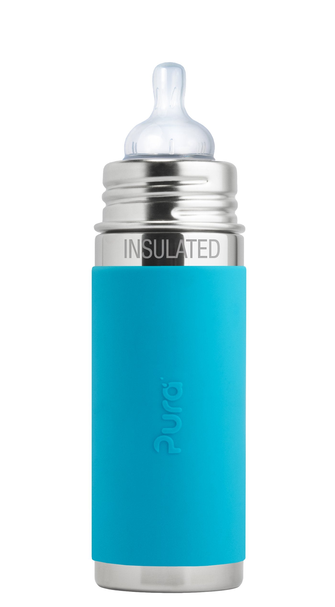 Pura Kiki 7oz bottle front view shows plastic-free stainless steel construction for safer baby feeding
