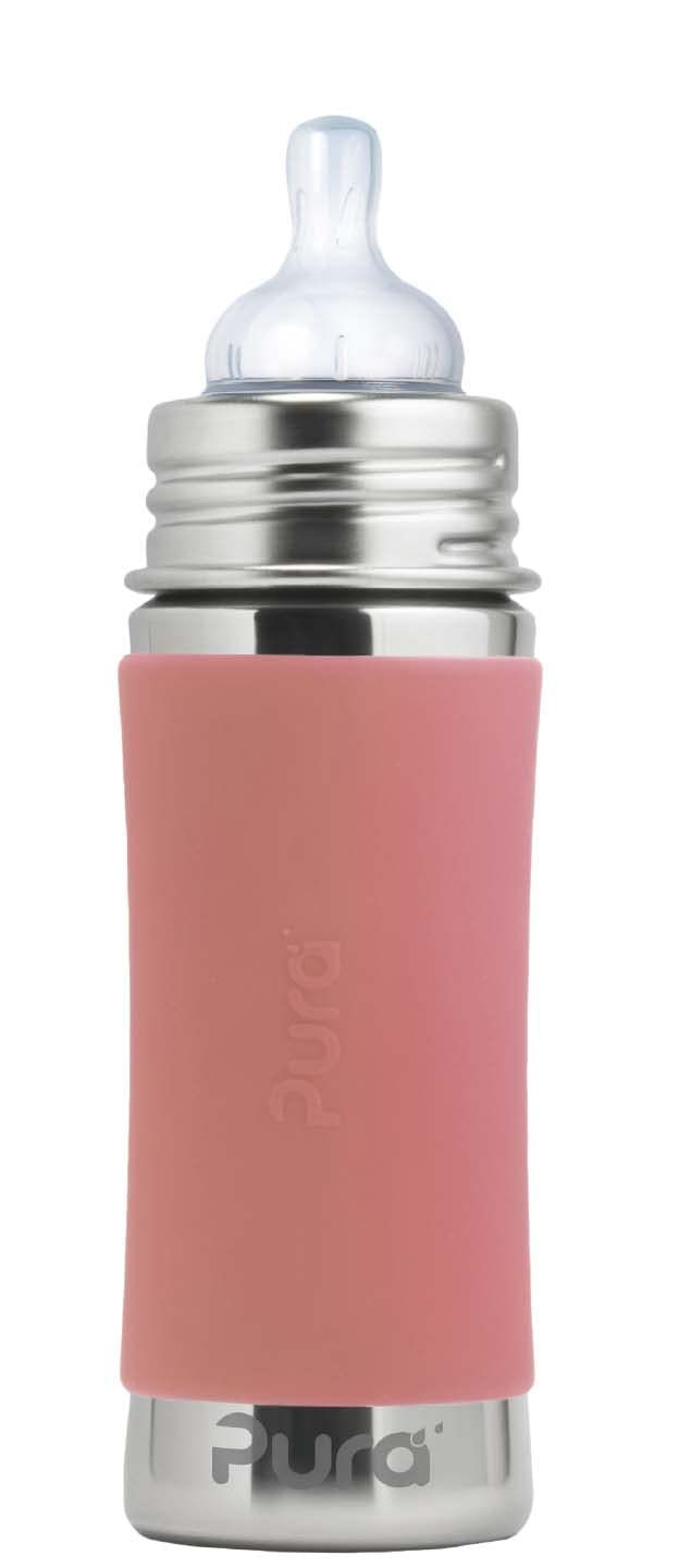 Pura Kiki rose bottle side view with anti-colic design for comfortable feeds.