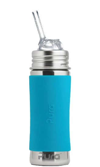 Pura Kiki bottle with aqua sleeve demonstrates plastic-free hydration for kids.