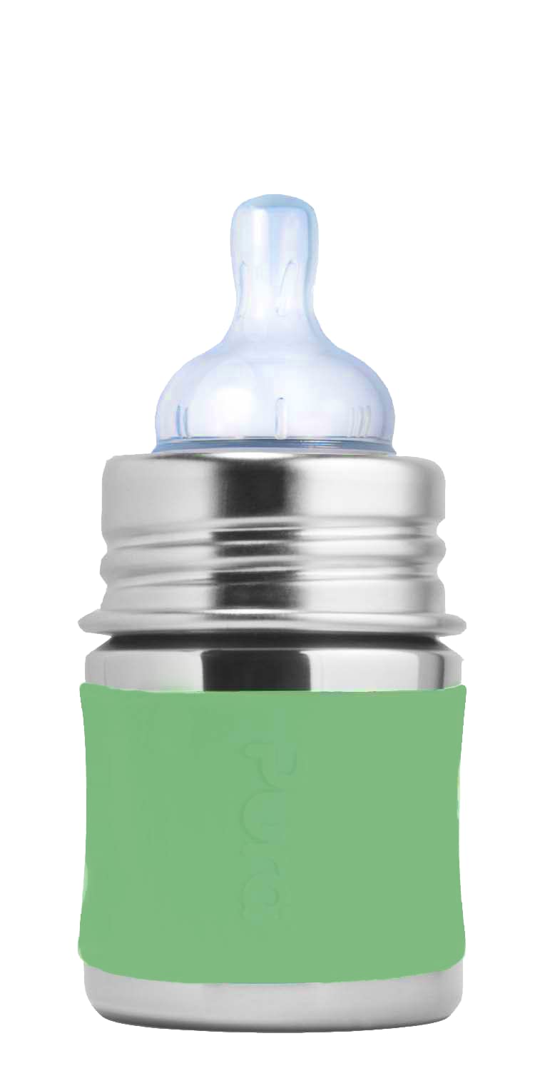 Pura Kiki bottle with moss sleeve showing plastic-free design for eco-friendly feeding.