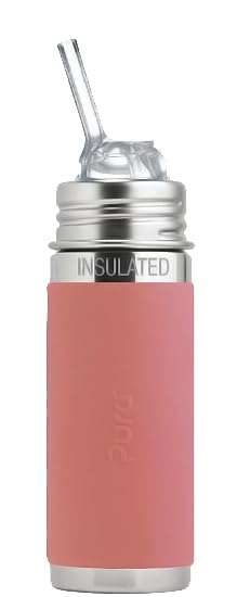 Pura Kiki rose bottle closeup shows plastic-free design for kid hydration.