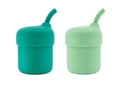 Pura my-my silicone straw cup mint with spill-proof design for kids.