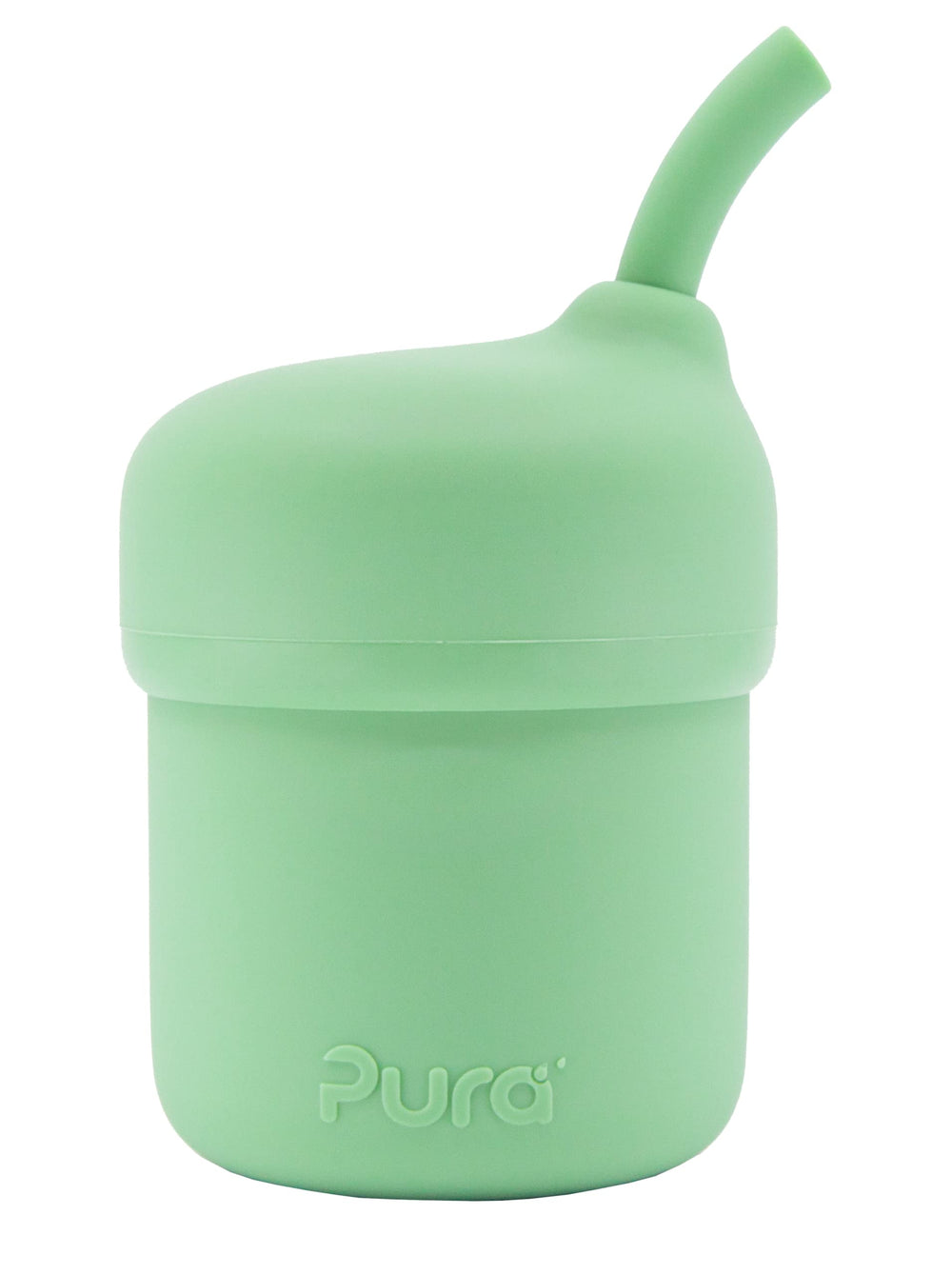 Pura my-my silicone straw cup moss front view shows spill-proof design for kids.