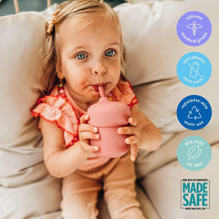 Pura my-my silicone straw cup closeup highlights soft silicone texture for gentle gums.