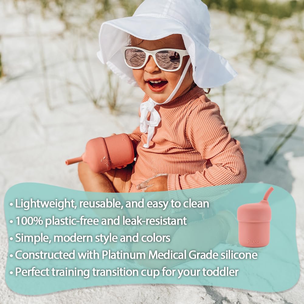 Pura my-my silicone straw cup with straw demonstrates easy use for little hands.