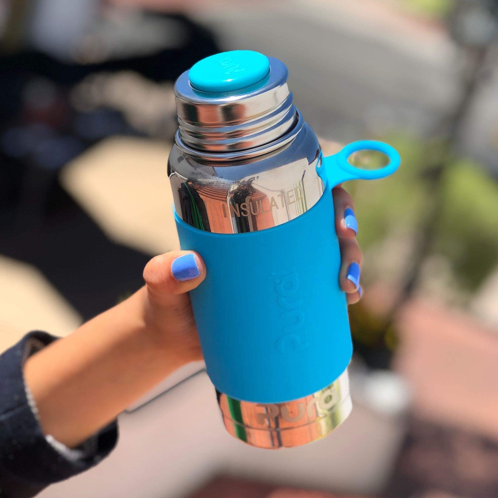 Pura Stainless Universal Lid Aqua packaging box emphasizes eco-friendly packaging.