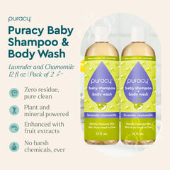 Puracy Baby Shampoo & Body Wash pour demonstrates gentle, thorough cleansing for delicate skin.