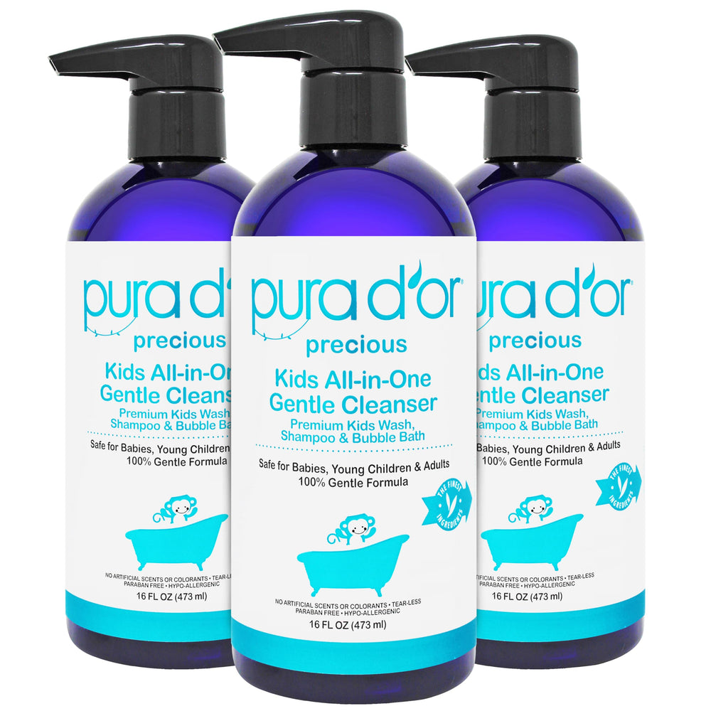 PURA D'OR Kids Wash bottle-pour demonstrates tear-free, gentle cleansing for delicate skin.