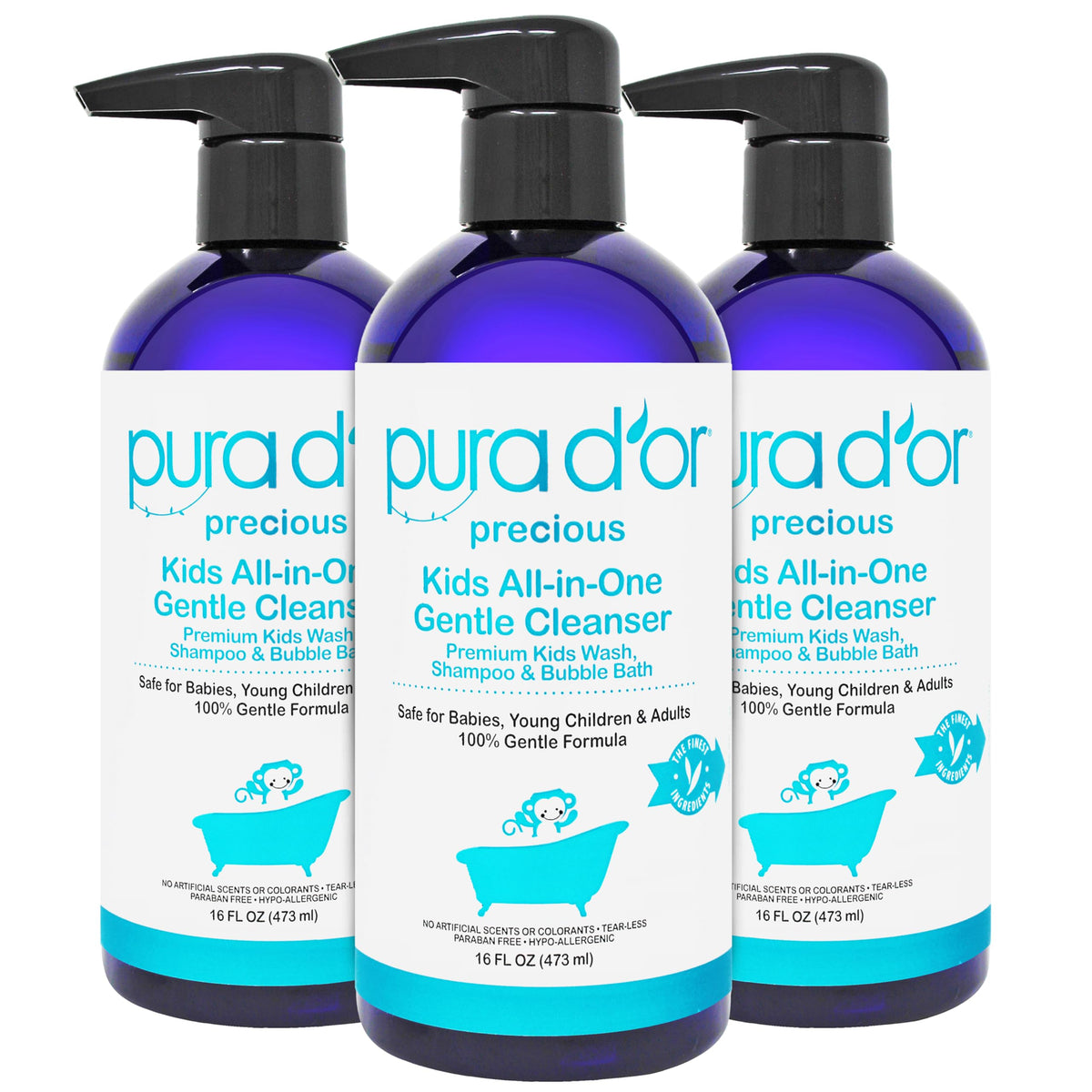 PURA D'OR Kids Wash bottle-pour demonstrates tear-free, gentle cleansing for delicate skin.