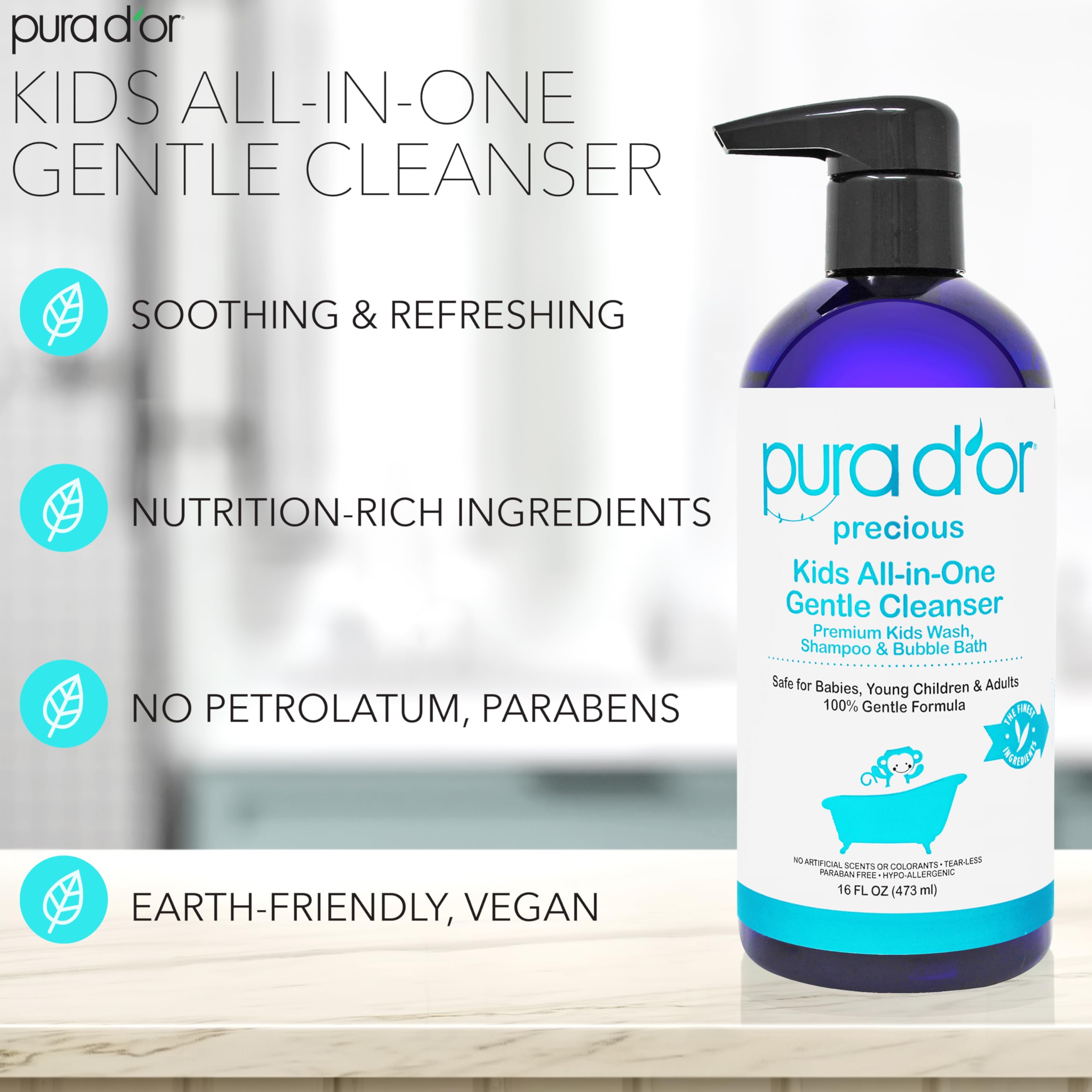PURA D'OR Kids Wash bubble-bath close-up shows soothing bubbles for bath time play.