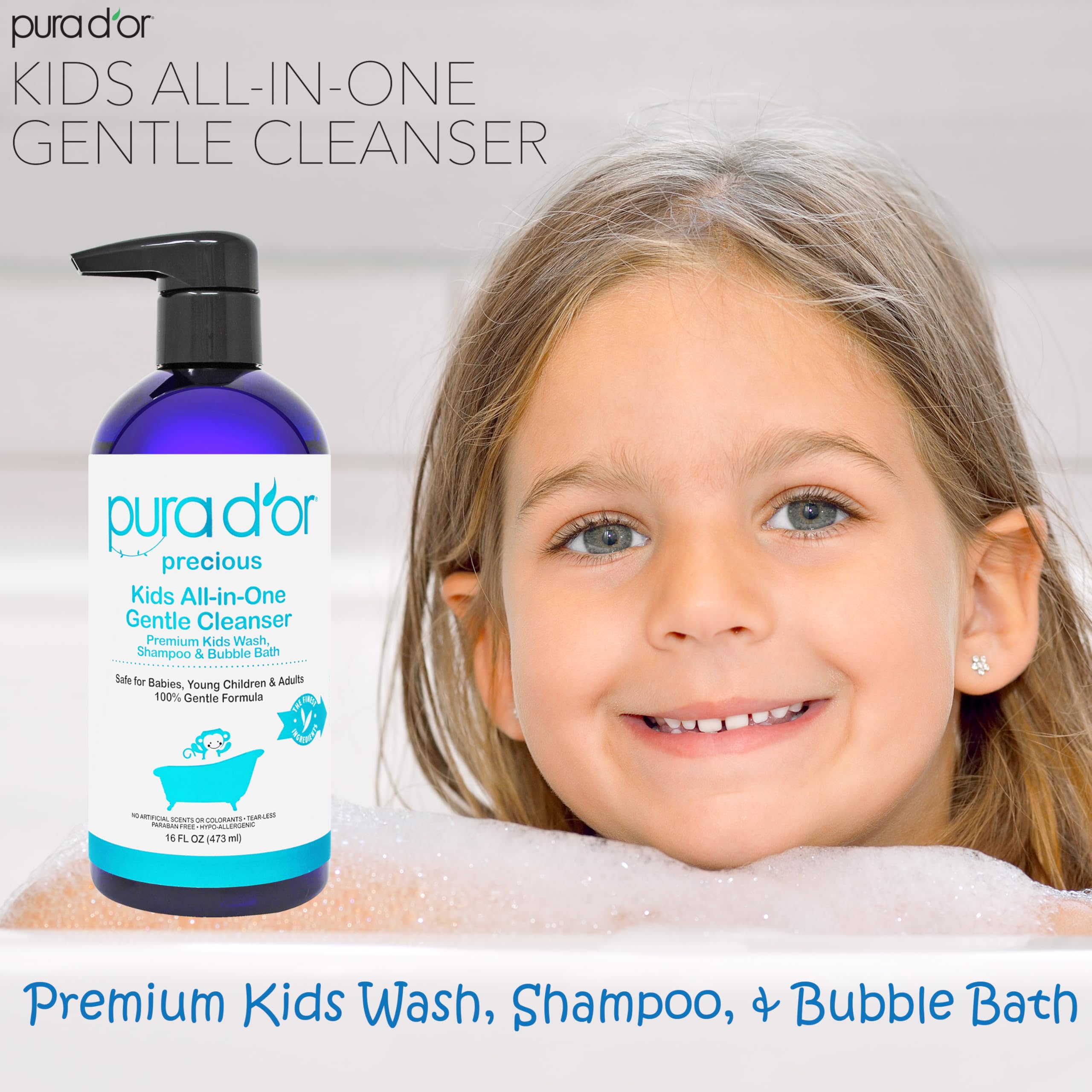 PURA D'OR Kids Wash dye-free-paraben-free label underscores gentle, kid-friendly care.