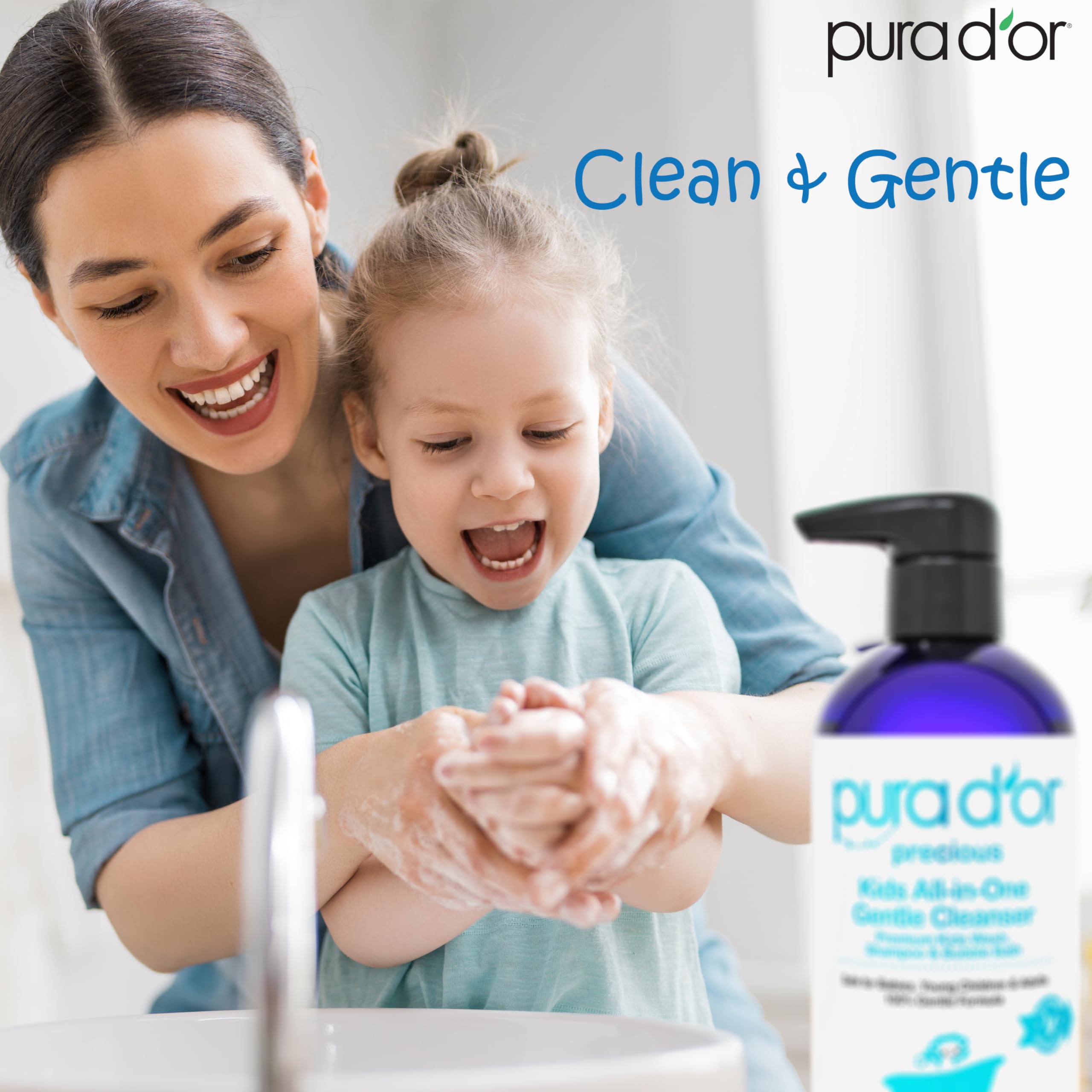 PURA D'OR Kids Wash tearless formula applied around eyes for safety demonstration