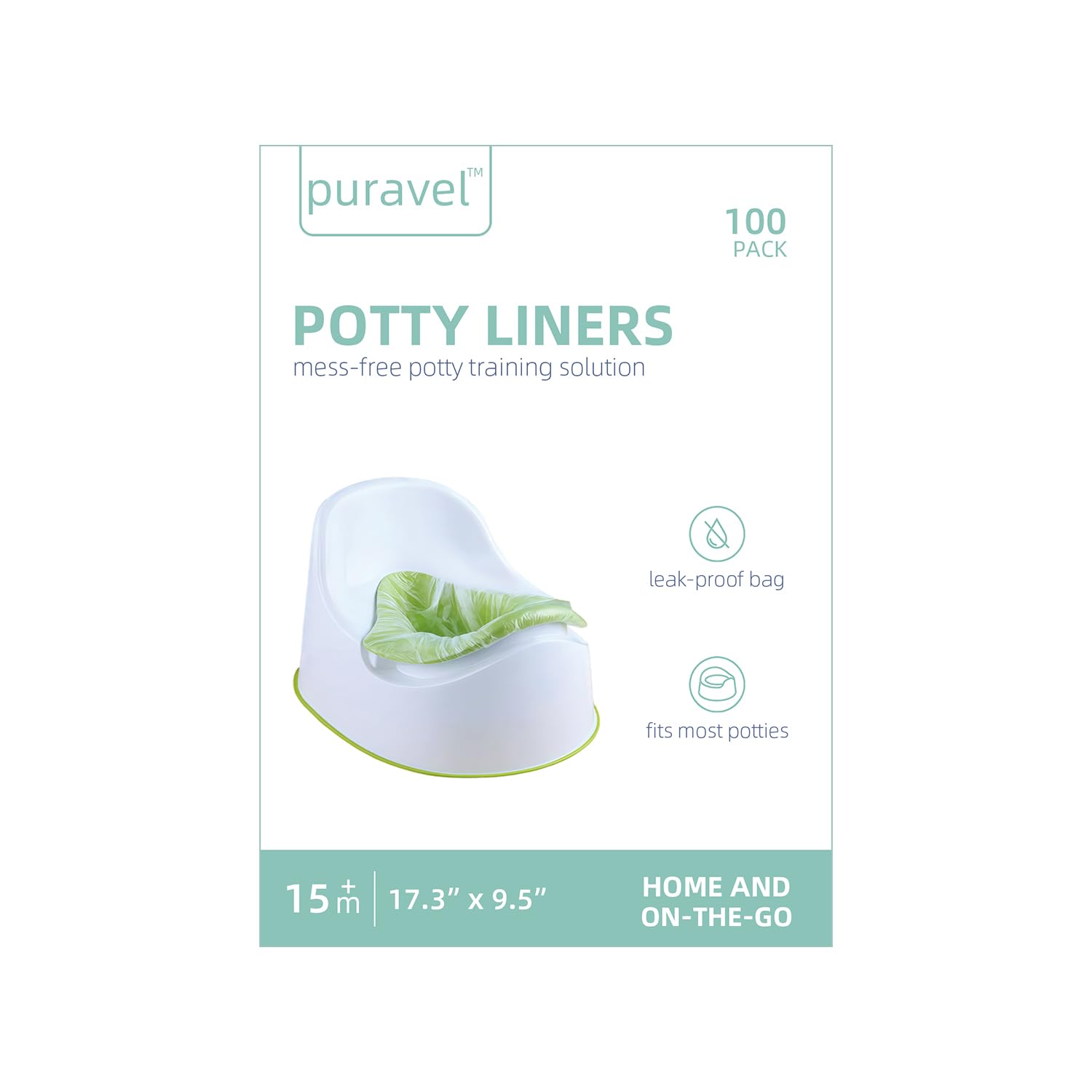 Puravel disposable potty liners pack 100-count demonstrates value for on-the-go cleanup and quick disposal.