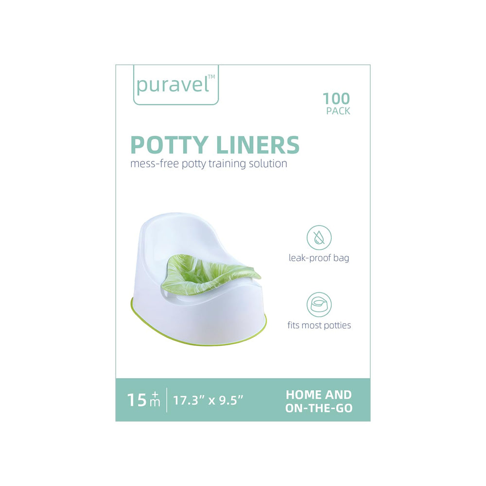 Puravel disposable potty liners pack 100-count demonstrates value for on-the-go cleanup and quick disposal.