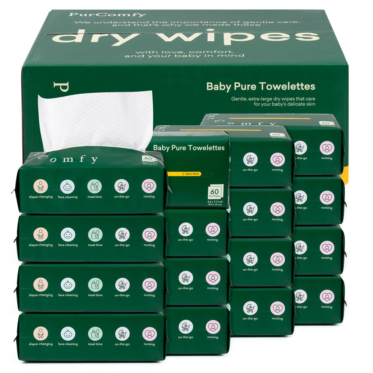 PurComfy Baby Dry Wipes pack close-up highlighting large, convenient 60-wipe counts.