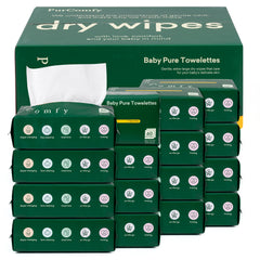 PurComfy Baby Dry Wipes pack close-up highlighting large, convenient 60-wipe counts.