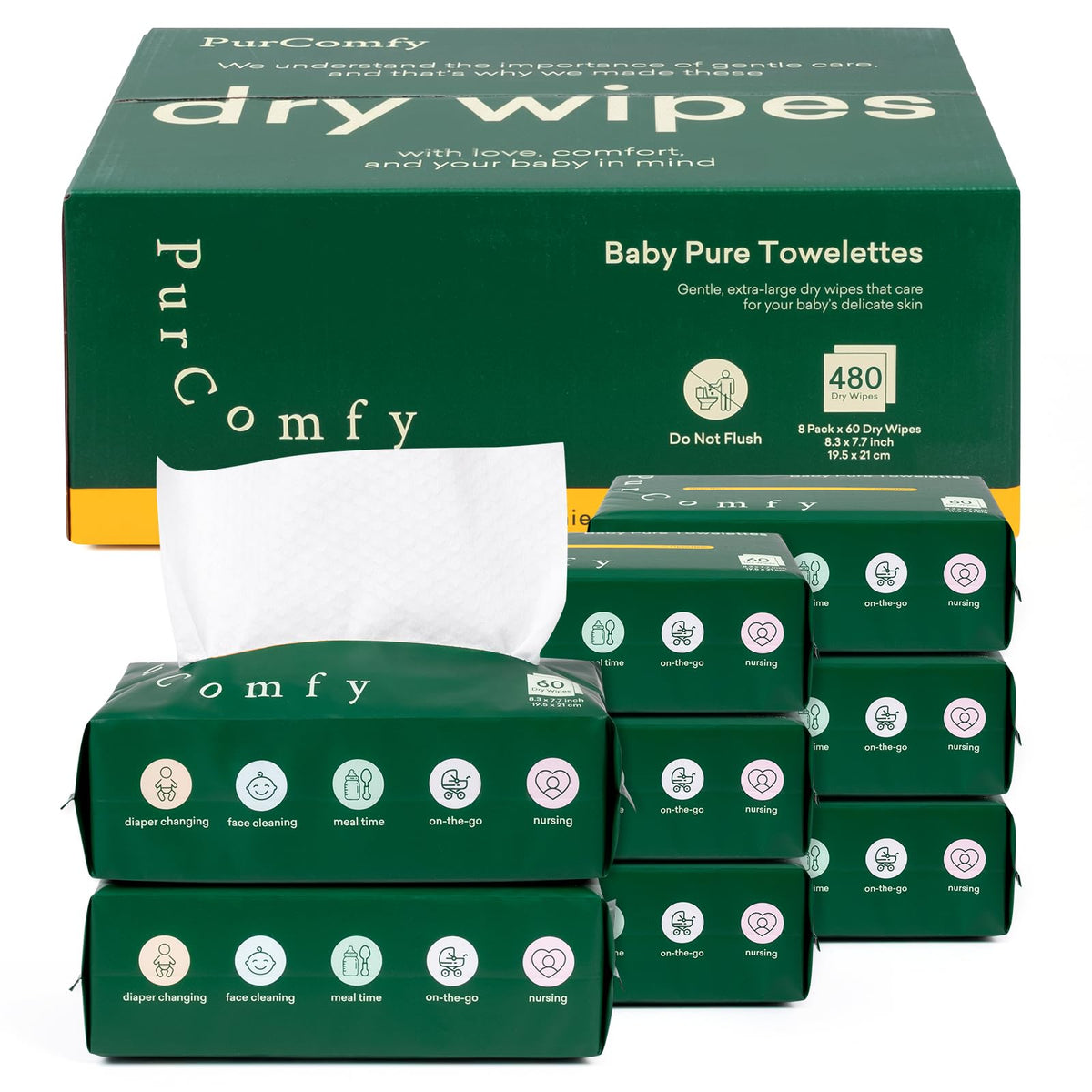 PurComfy Baby Dry Wipes pack-front — convenient 8-pack for caregivers on the go.