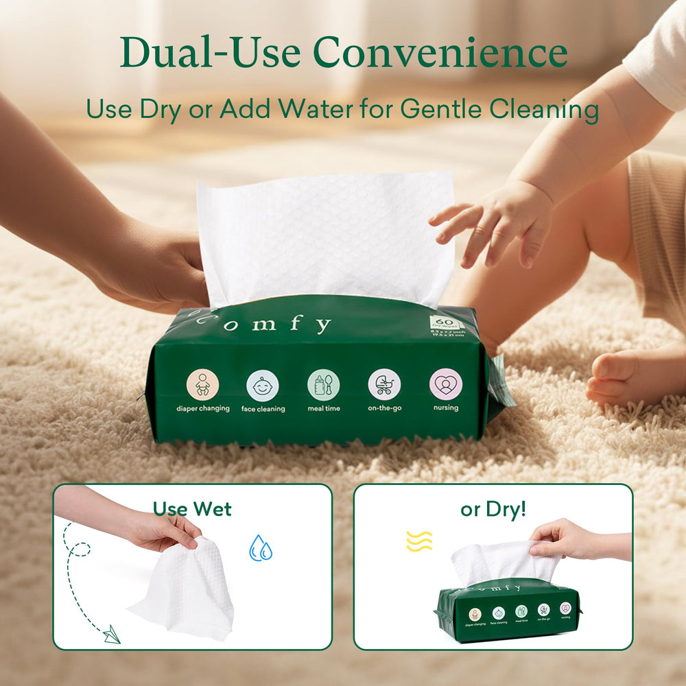 PurComfy Dry Wipes use-wet cleanse demonstrates effective cleansing without harsh rubbing.