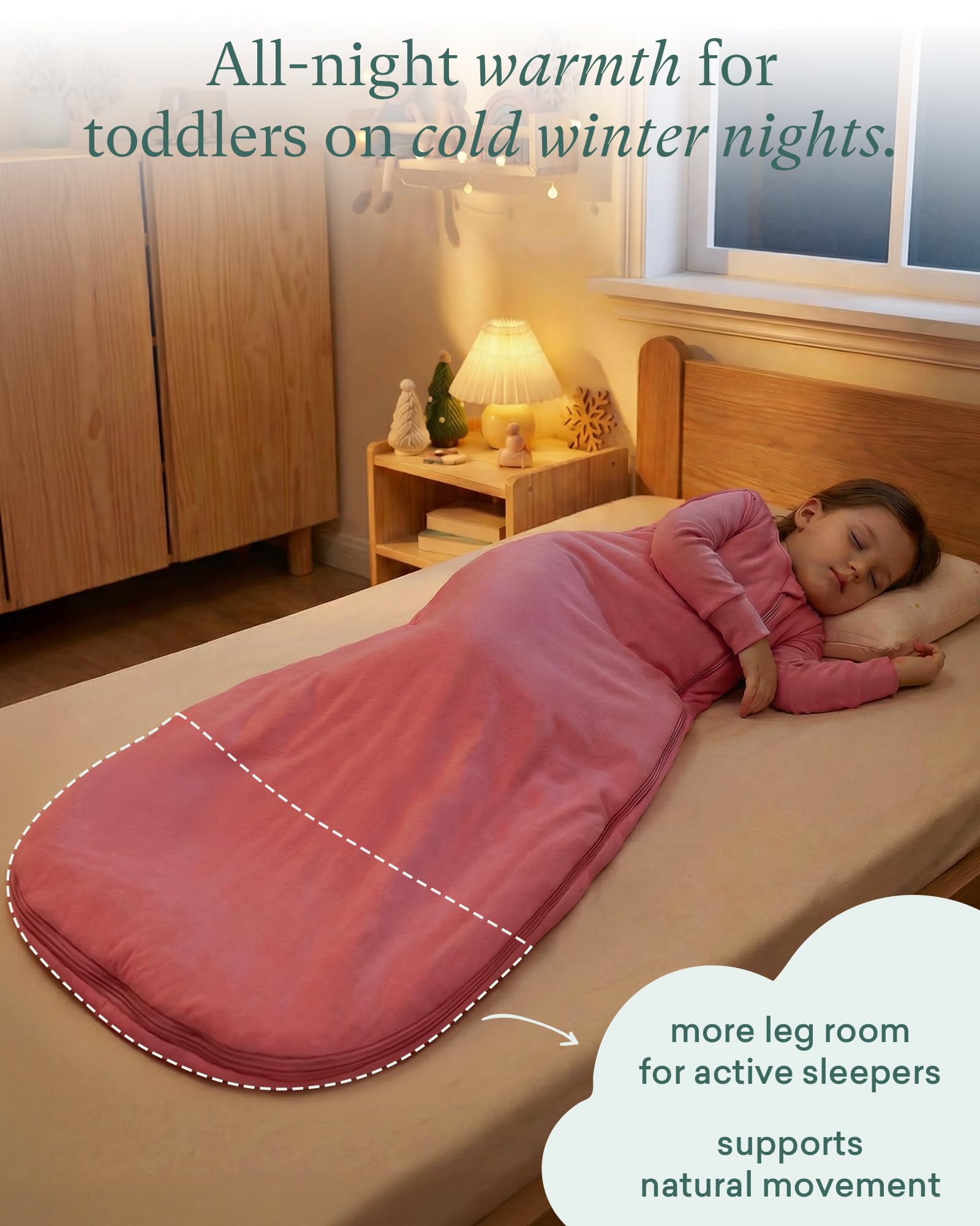 PurComfy sleep sack on bed demonstrates secure wear through the night