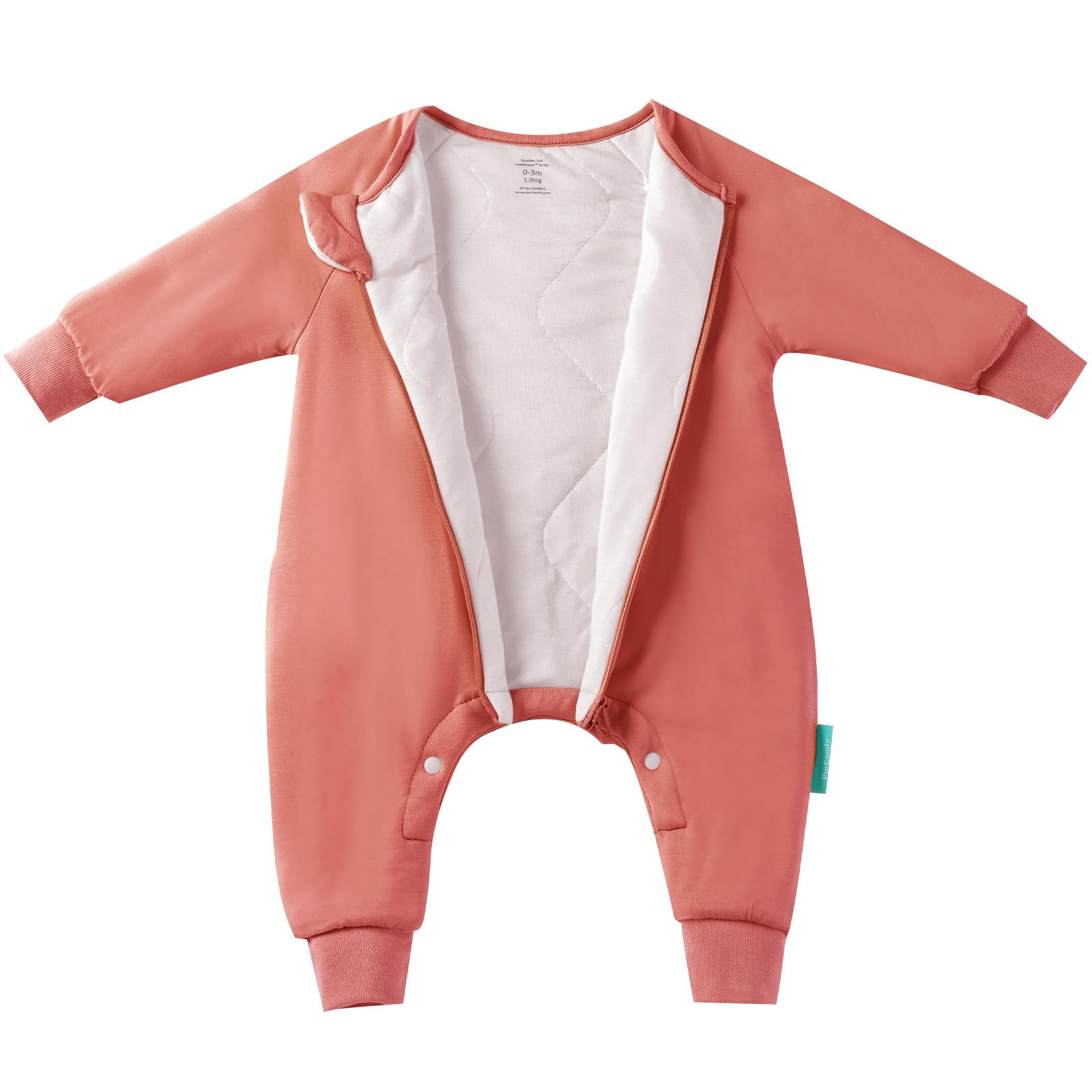 PurComfy Supersoft Sleepsuit coral worn by baby for cozy unrestricted movement and gentle warmth.