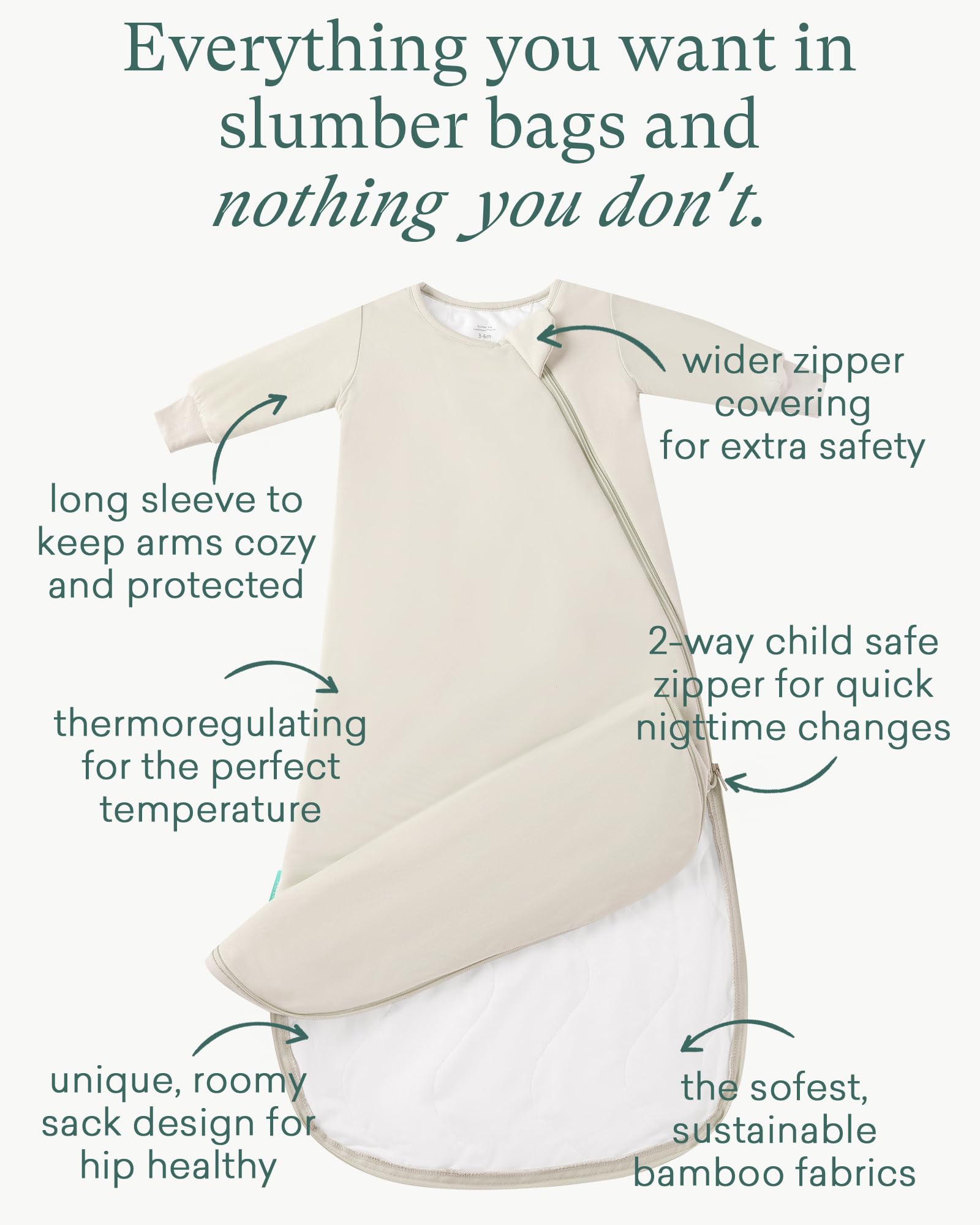 PurComfy Supersoft long-sleeve sleep sack shows 2-way zipper detail for easy changes.