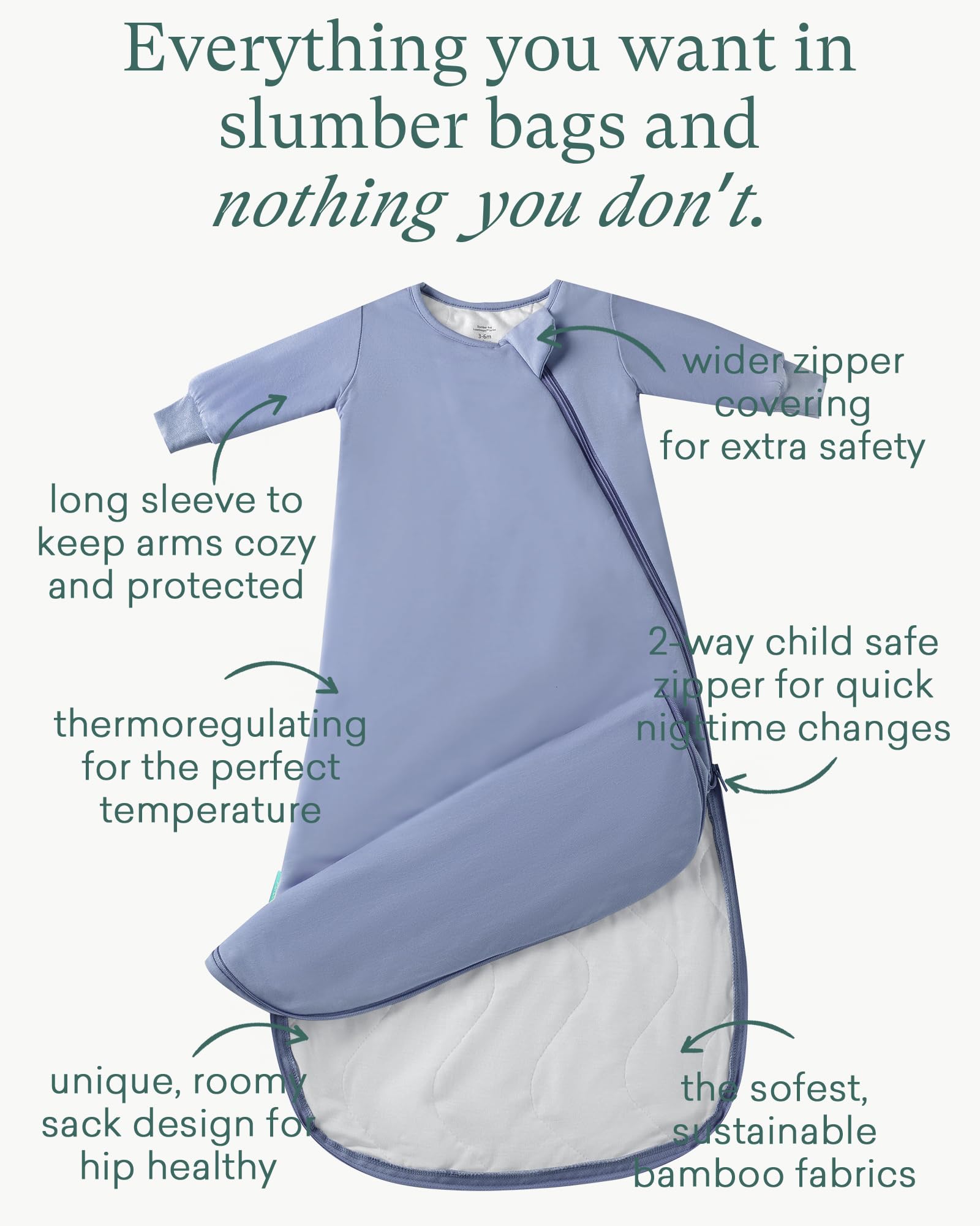 PurComfy Supersoft sleep sack shown with a 2-way zipper for quick diaper changes.
