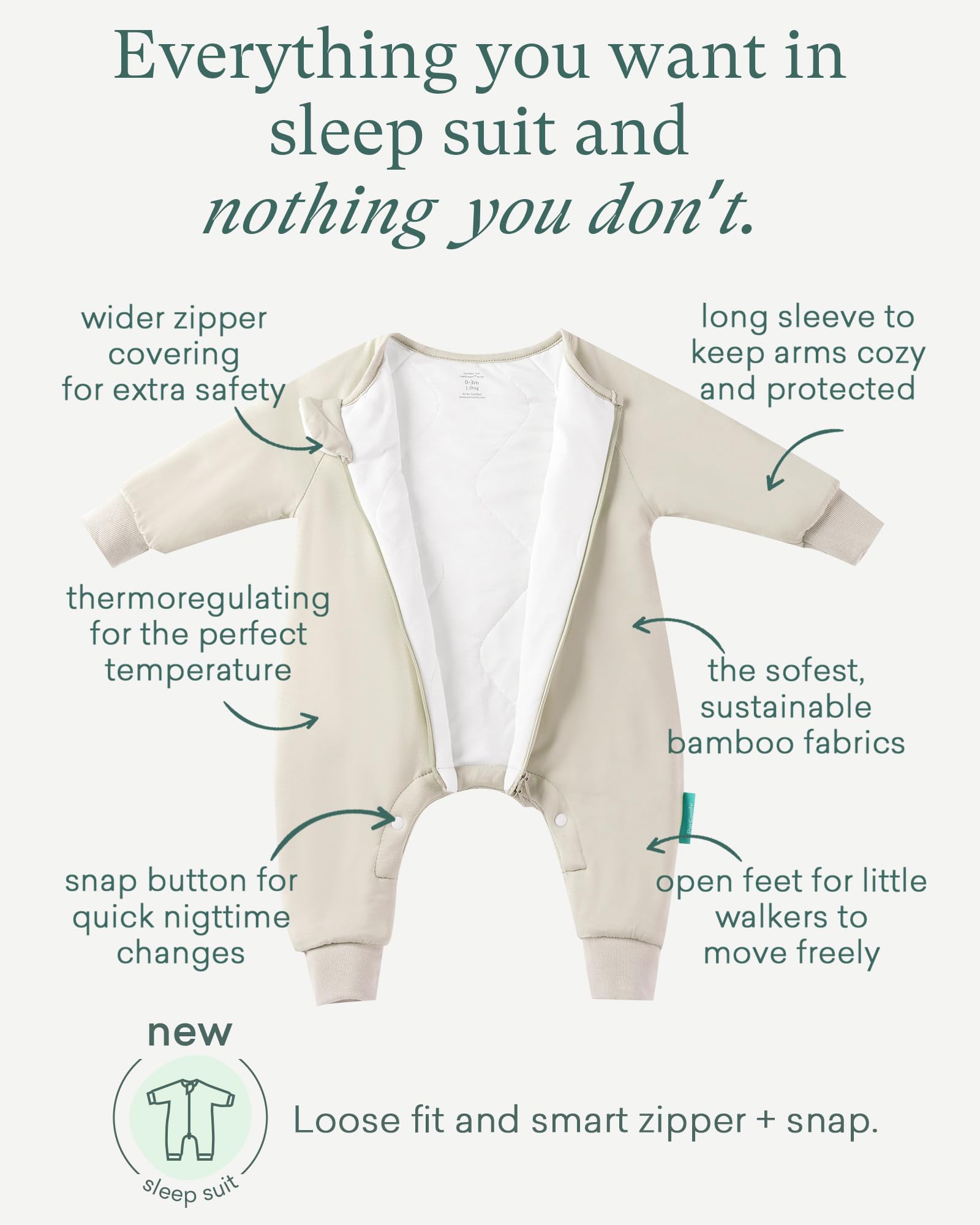 PurComfy sleepsuit in a cool room demonstrates 68–75°F comfort range