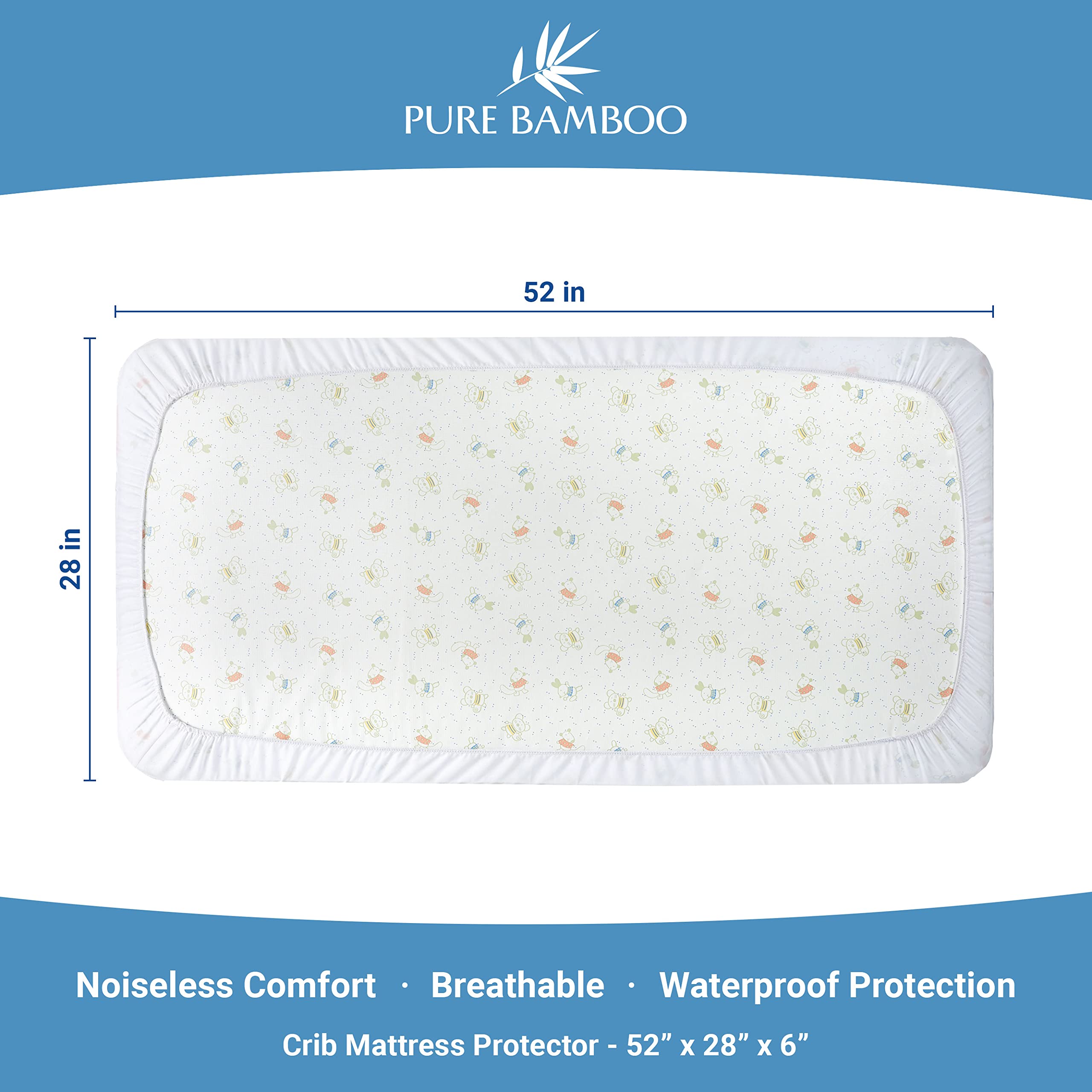 Pure Bamboo noiseless cover on crib mattress demonstrates silent protection while baby sleeps.