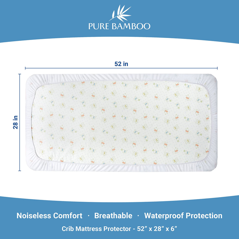 Pure Bamboo noiseless cover on crib mattress demonstrates silent protection while baby sleeps.