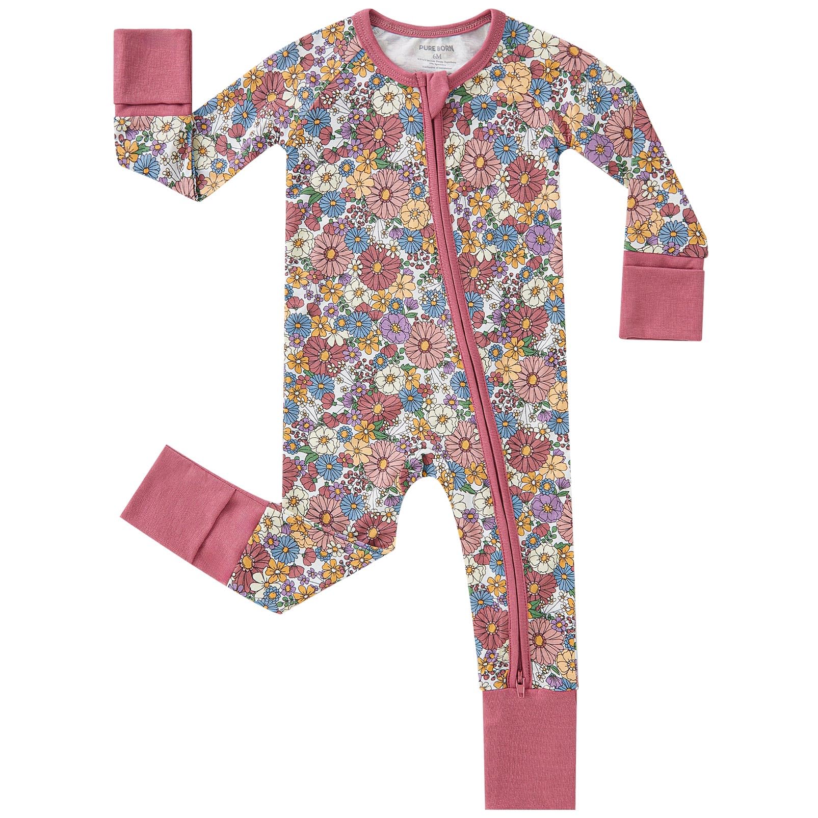 Pureborn baby girls sleeper daisy pattern closeup shows soft bamboo fabric for delicate skin