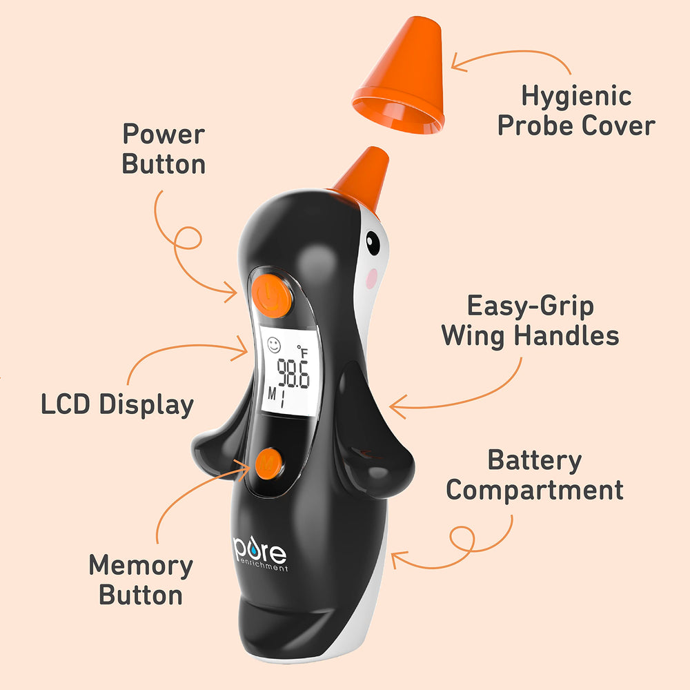 PureEnrichment PureBaby Penguin thermometer stores 10 readings for fever trend tracking.