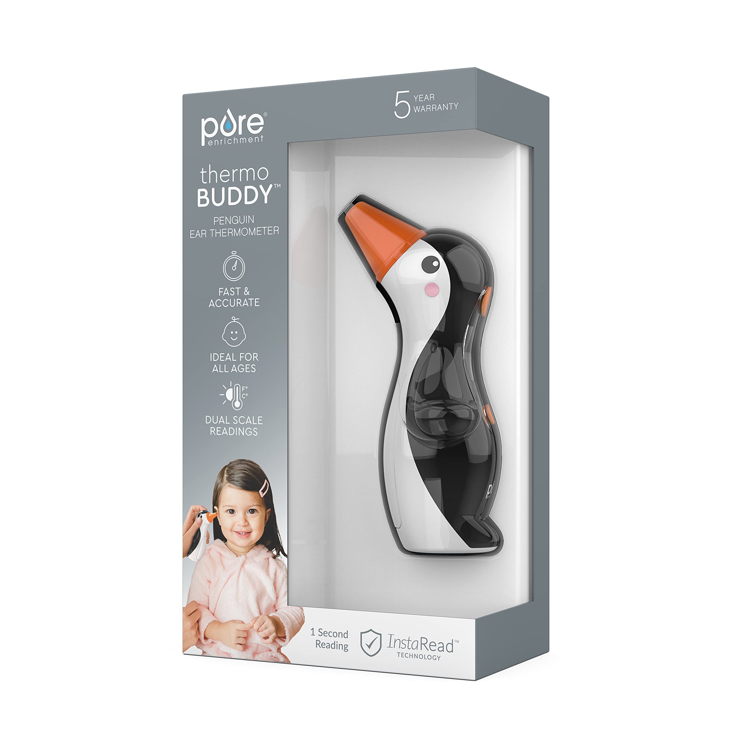 PureEnrichment PureBaby Penguin thermometer kit includes cap, batteries, manual, and warranty.
