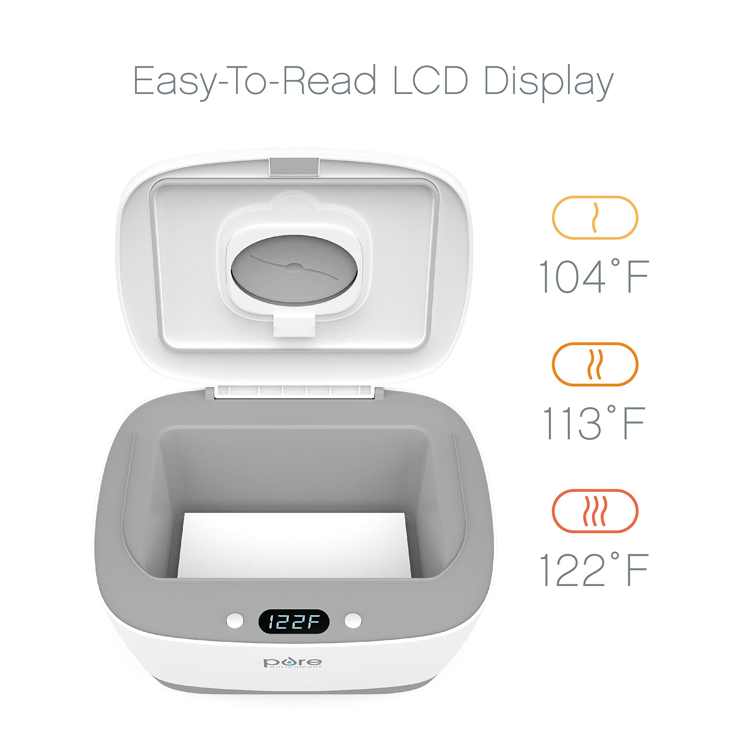 Pure Enrichment PureBaby wipe warmer LCD display shows warmth setting clearly