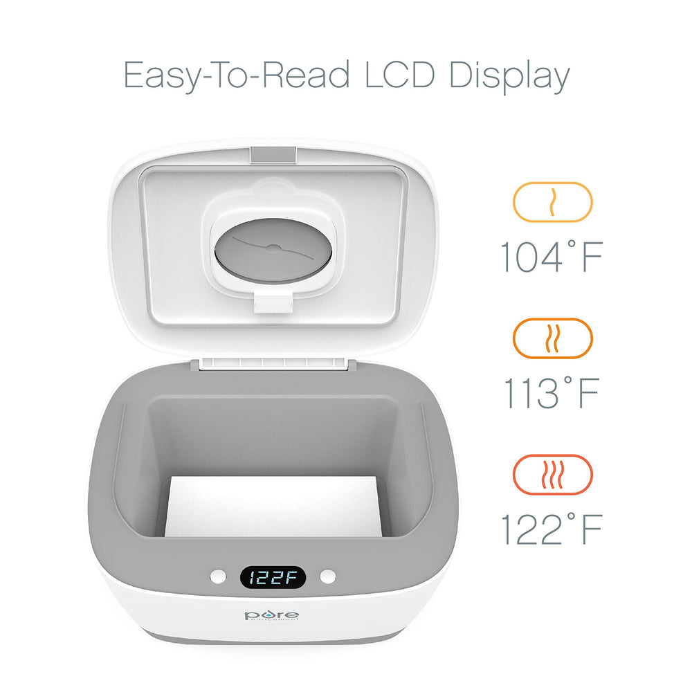 Pure Enrichment PureBaby wipe warmer LCD display shows warmth setting clearly