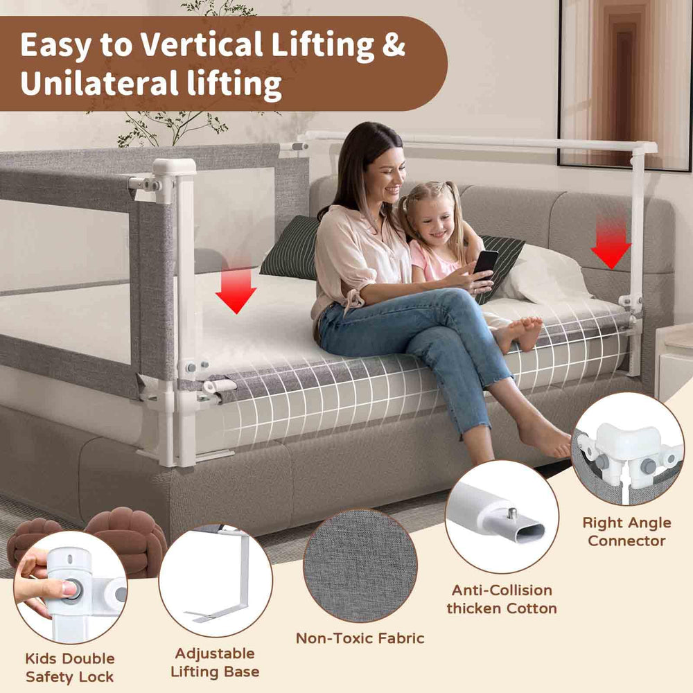 PurePapoose queen bed rail side view highlights height-adjustable design for night-time care.