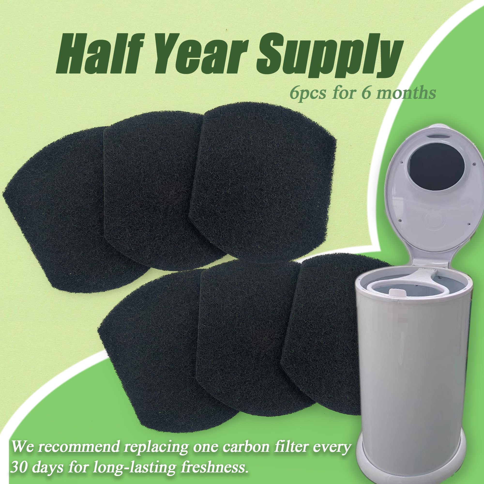 PurifyLogix six-pack diaper-pail-filters illustrates bulk supply for months of freshness.