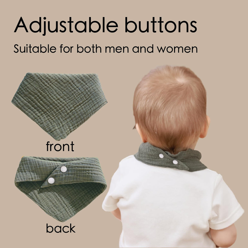PurlHaven Muslin Bibs adjustable snaps closeup, easy-neck sizing for newborns.