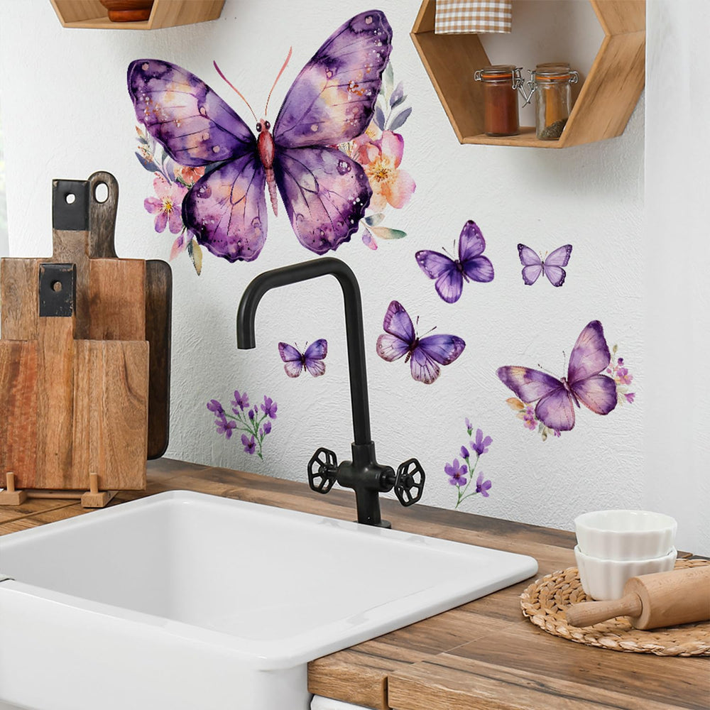 Purple Butterfly wall decal on refrigerator demonstrates versatile kitchen decor