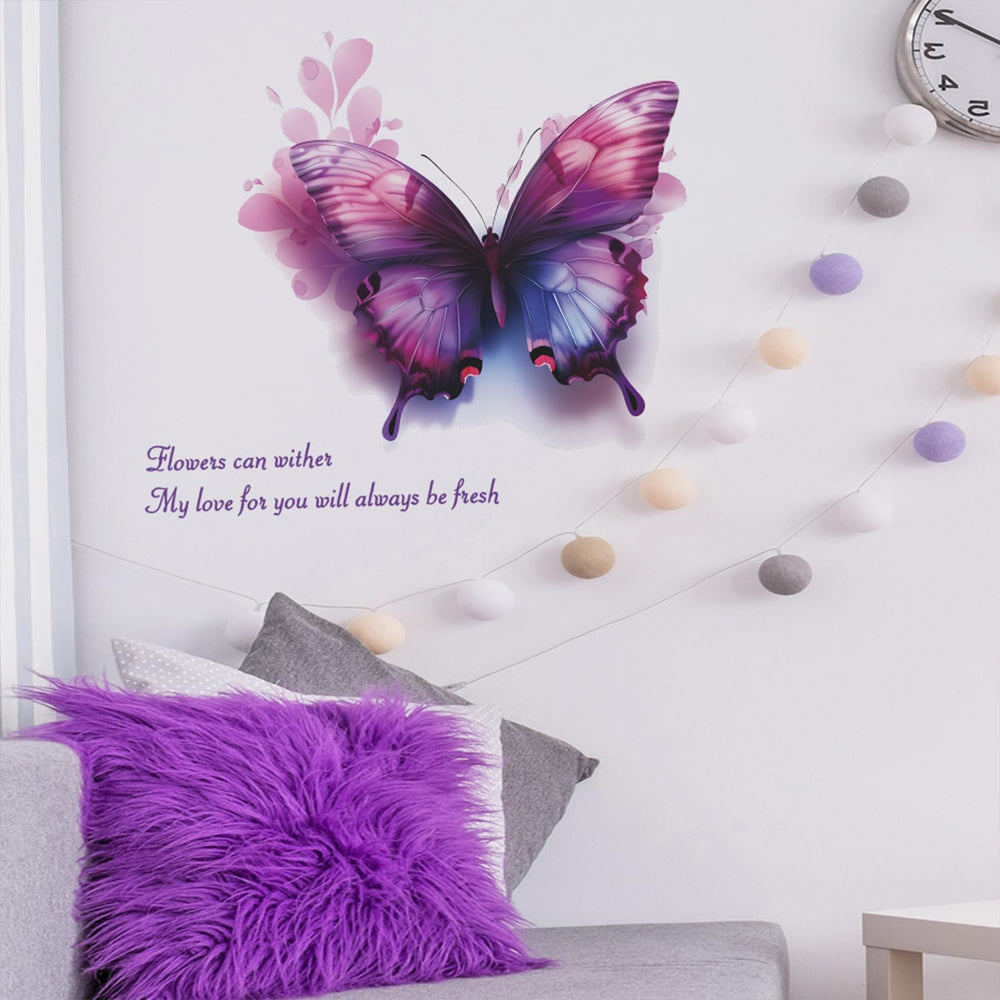 Purple butterfly wall sticker living-room setup adds cozy ambience for families.