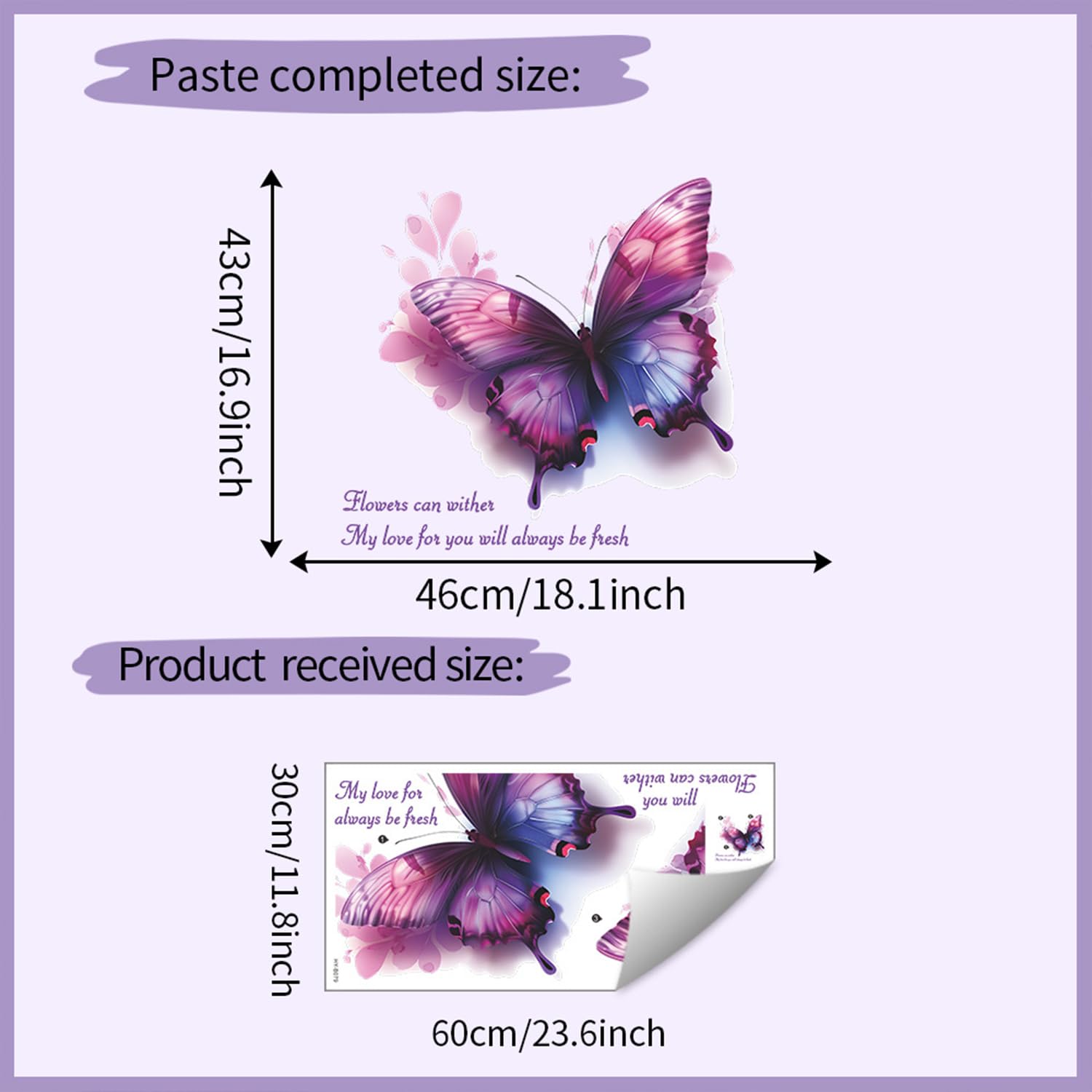 Purple butterfly wall sticker waterproof surface enables wipe-clean maintenance.