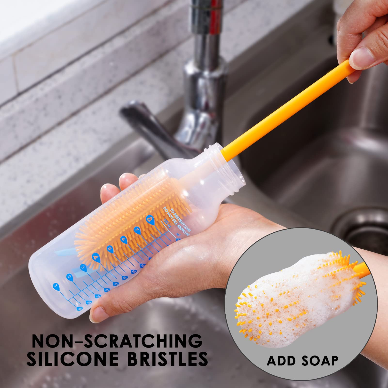 Purtribe narrow-mouth brush reaches pitchers and baby bottles easily.