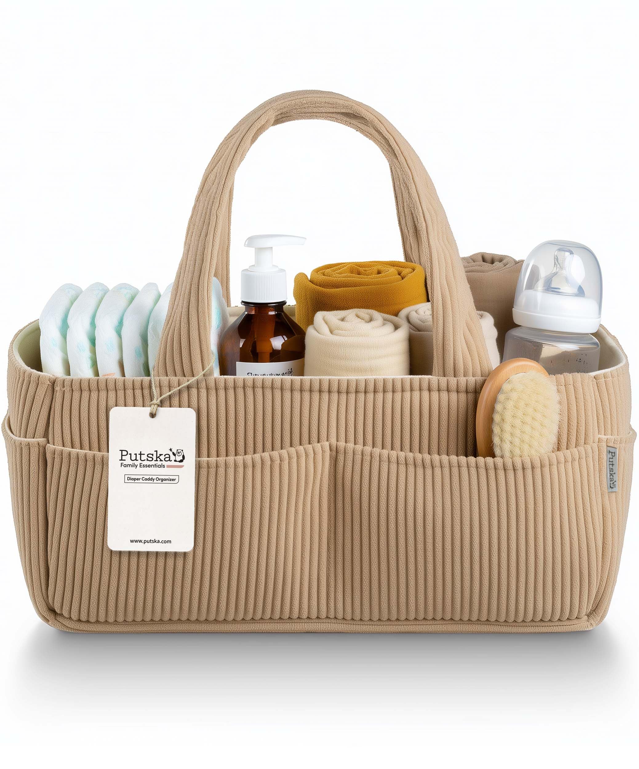 PUTSKA baby diaper caddy corduroy mocha on changing table helps quick access to wipes.
