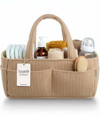 PUTSKA baby diaper caddy corduroy mocha on changing table helps quick access to wipes.