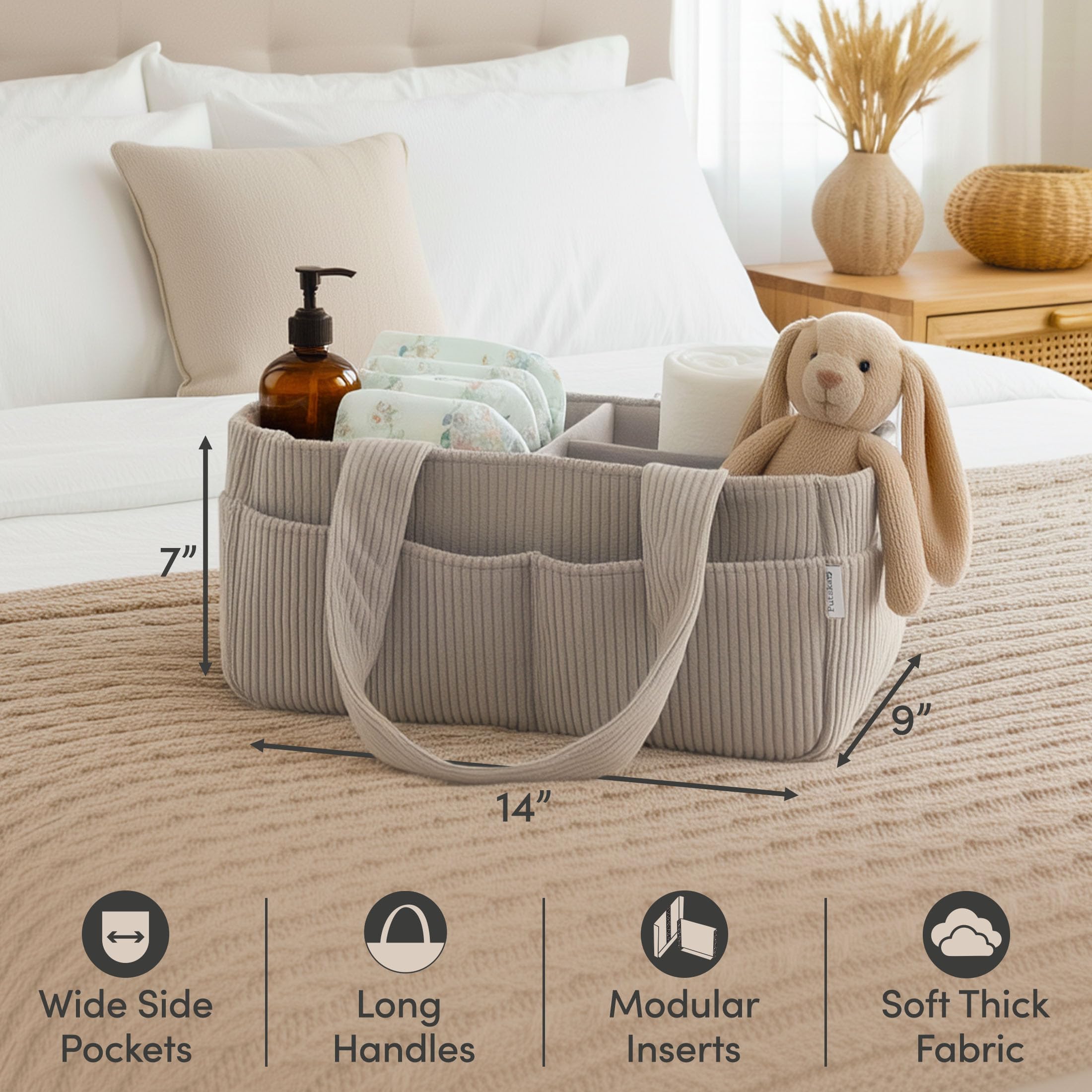 PUTSKA corduroy-material caddy adds durable, elegant nursery storage.